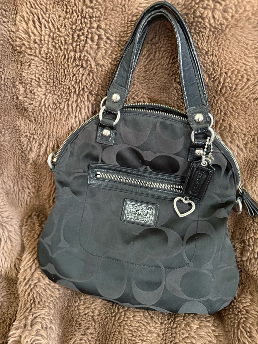 Coach Black Signature Canvas Shoulder Bag with Heart Charm